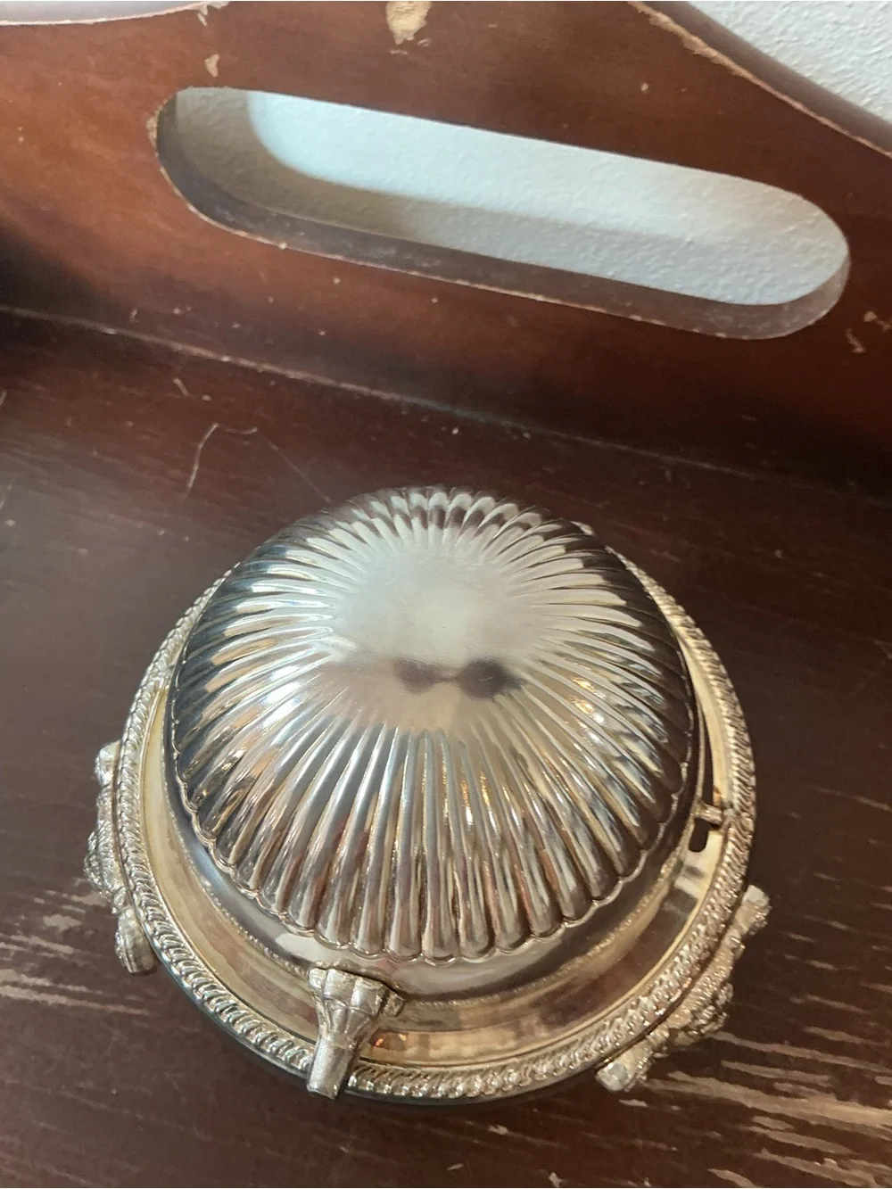 Vintage Silver Plate Roll Top Lid Caviar Butter Dish Server Lion Heads Claw Feet
